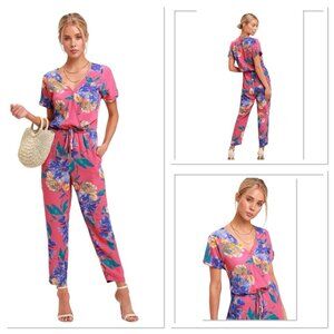 Lulu’s Successful Statice Hot Pink Floral Print Jumpsuit Women Small Cropped